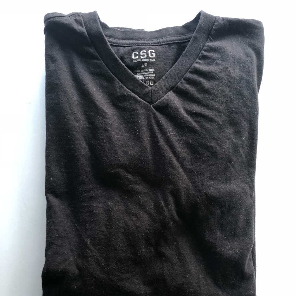 V-neck, black under shirt (short sleeve).